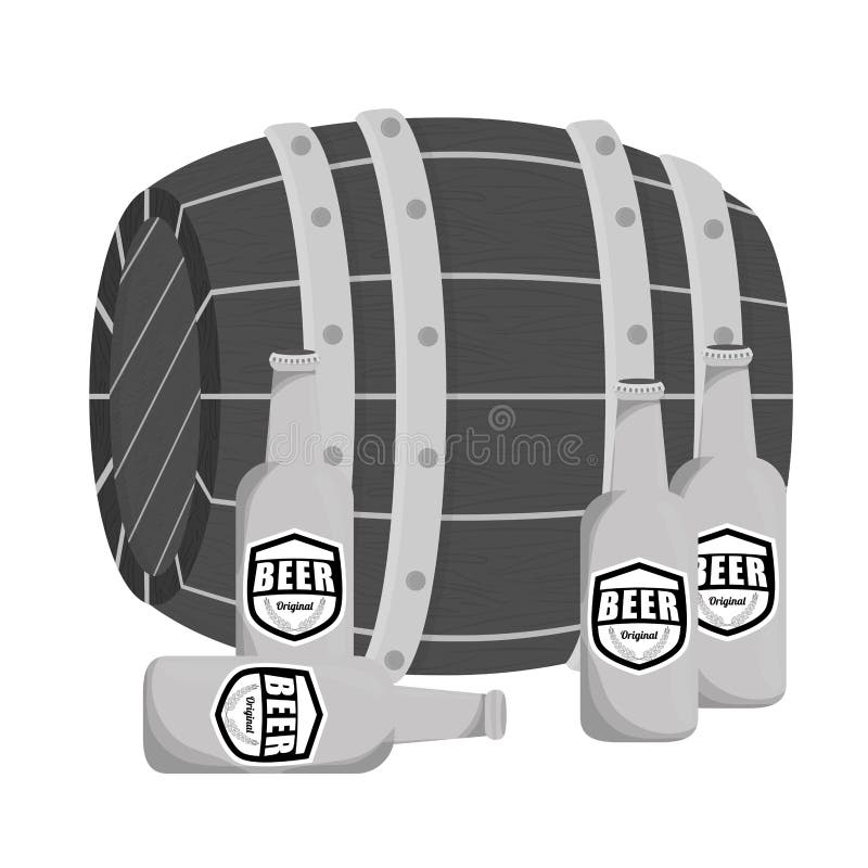 Grayscale Wooden Barrel with Bottles of Beer Design Stock Illustration Illustration of froth
