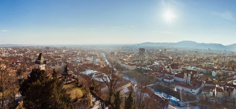 Wide panorama of Graz City from castle hill Schlossberg, Travel destination royalty free stock photos Wide panorama of Graz City from castle hill Schlossberg, Travel destination royalty free stock photos