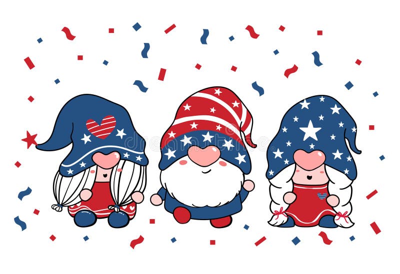 Graziosa giornata dell'indipendenza del trio 4 luglio gnome patriottico con disegno di cartoni animati rosso e blu cricca di scara