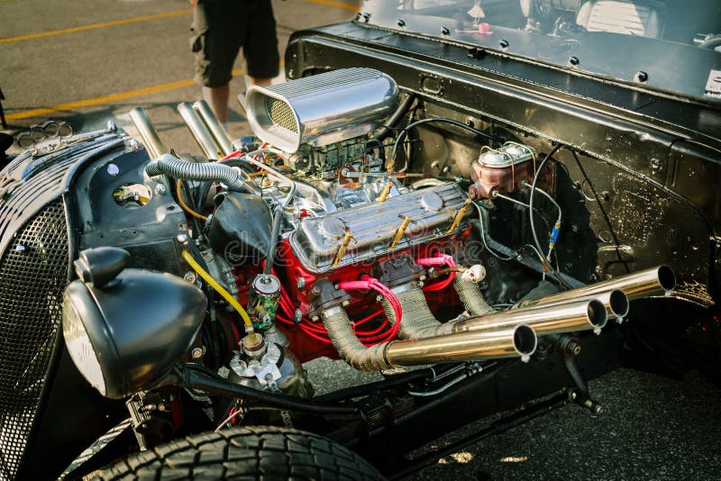 Great amazing closeup view of old vintage classic car engine