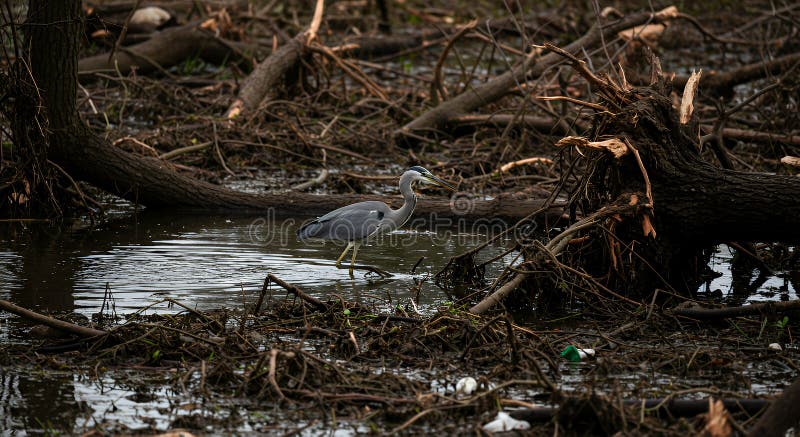 Great Blue Heron Wading in Marsh with Fallen Trees and Branches royaltyfri illustrationer