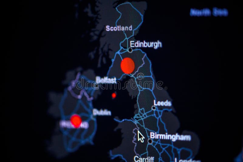 Great Britain, England, United Kingdom. Coronavirus COVID-19 global cases Map. Red Dot showing the number of infected. Johns