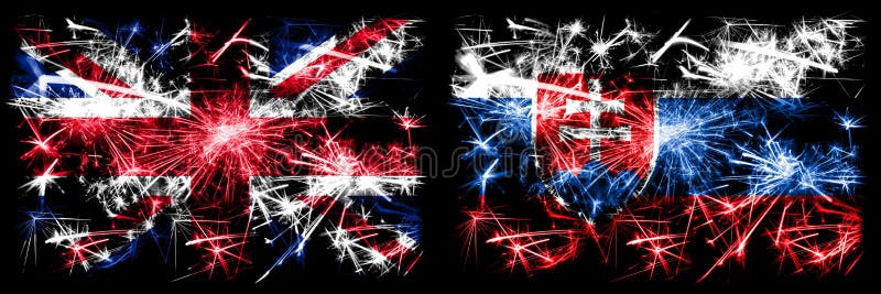 Veľká Británia, Veľká Británia vs Slovensko, Slovenský Nový rok oslava cestovanie šumivé ohňostroje vlajky koncept pozadia.