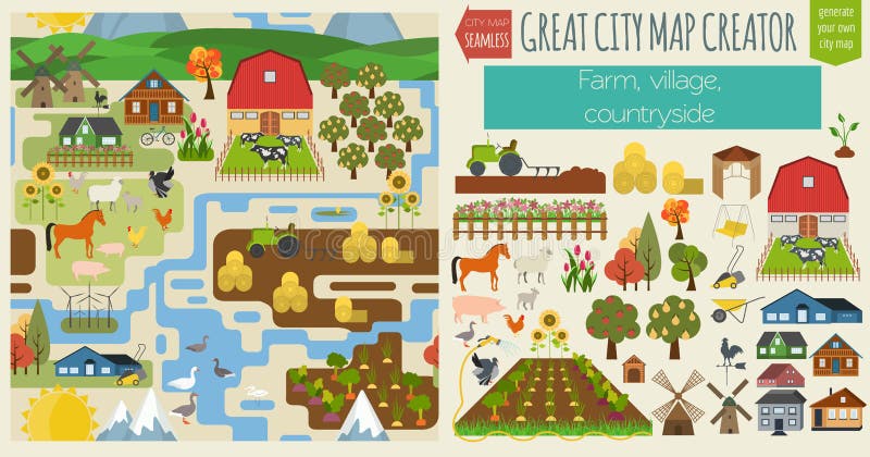 Great city map creator.Seamless pattern map. Village, farm, countryside, agriculture. Make your perfect city. Vector illustration