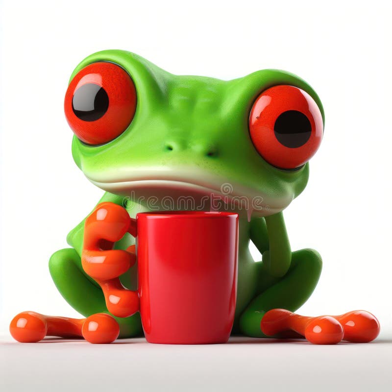Great 3d illustration of a funny red eyed tree frog exhausted with coffee vector illustration
