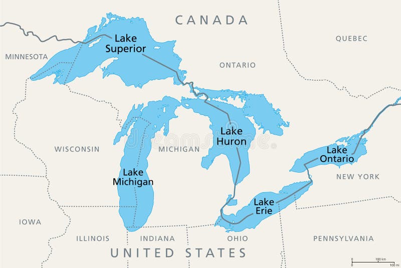 Great Lakes of North America, Series of Freshwater Lakes, Political Map