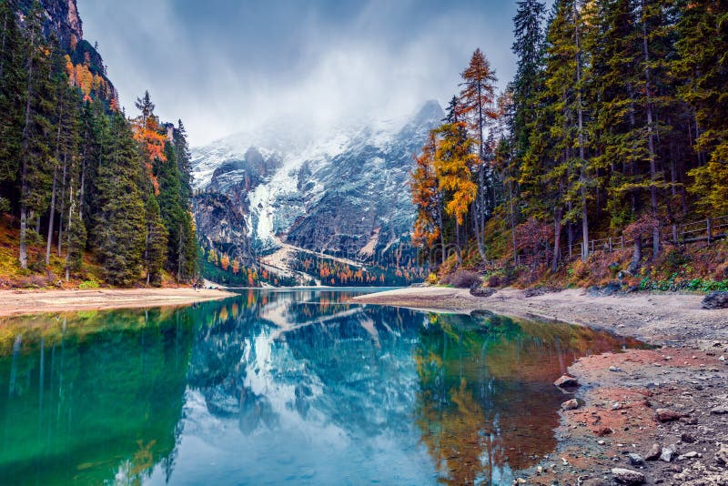 Great morning view of Braies Lake. Colorful autumn landscape in Italian Alps, Naturpark Fanes-Sennes-Prags, Dolomite, Italy