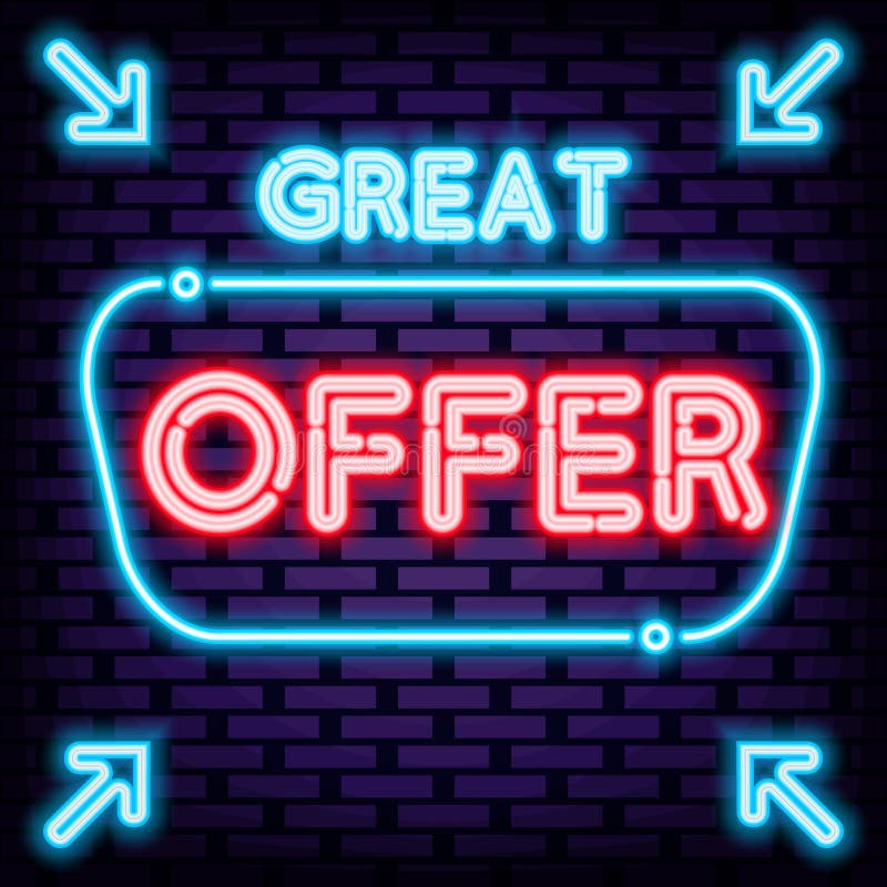 Great Offer Neon Sign. Bright Signboard. Announcement Neon Signboard