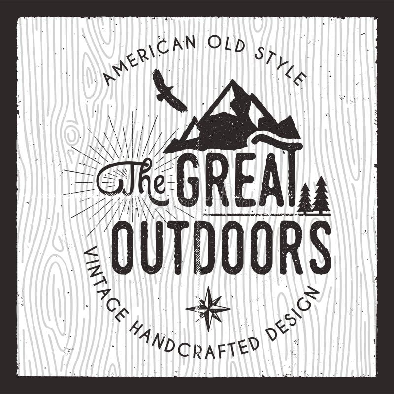 The Great Outdoors card. Wanderlust Camping badge. Old hand drawn t shirt Print Apparel Graphics. Retro Typographic