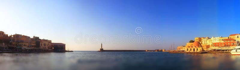 Great panorama of venetian harbour of  Chania old town, Crete, Greece. Travel background