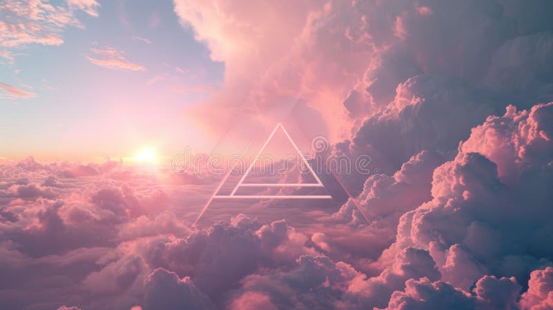 The great pink neon floating triangle beyond the sky with cloudscapes. AIGX03. stock image