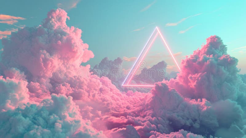 The great pink neon floating triangle beyond the sky with cloudscapes. AIGX03. royalty free stock images