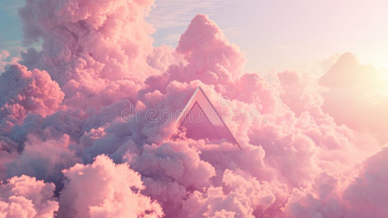The great pink neon floating triangle beyond the sky with cloudscapes. AIGX03. stock photos