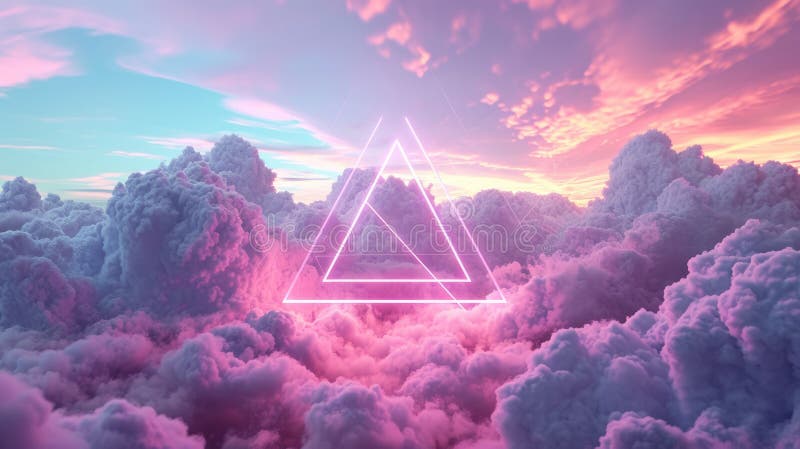The great pink neon floating triangle beyond the sky with cloudscapes. AIGX03. stock images