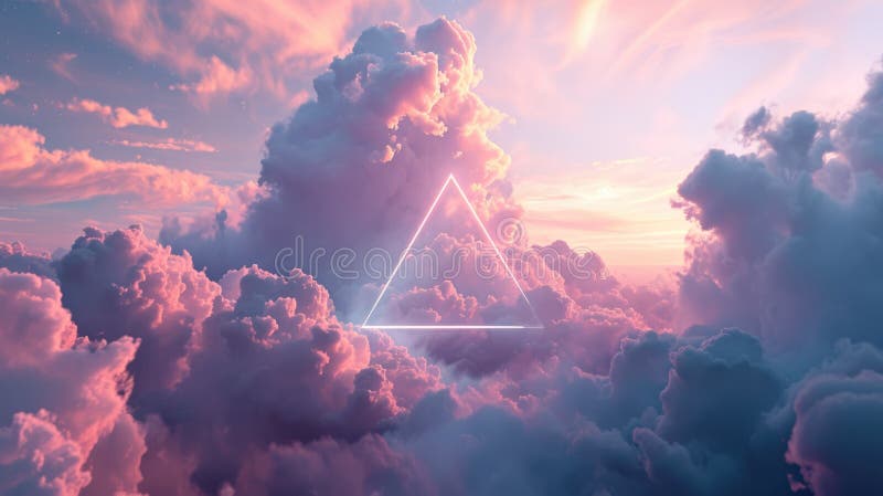 The great pink neon floating triangle beyond the sky with cloudscapes. AIGX03. stock photo