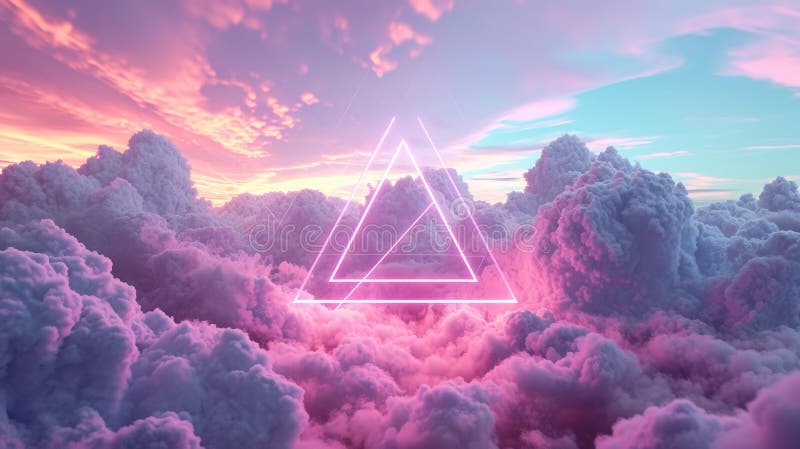 The great pink neon floating triangle beyond the sky with cloudscapes. AIGX03. The great pink neon floating triangle beyond the sky that surrounded with cloudscape at the dawn or dusk time of the day that shine neon light and bright to the every part of the endless sky. AI generated.