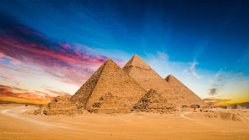 great pyramids giza egypt sunset colorful sky 107082044