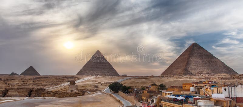 The Great Pyramids of Giza, panoramic view from the town.