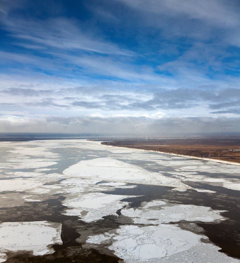 Great River with Floating Ice Floes Stock Photo - Image of floe ...