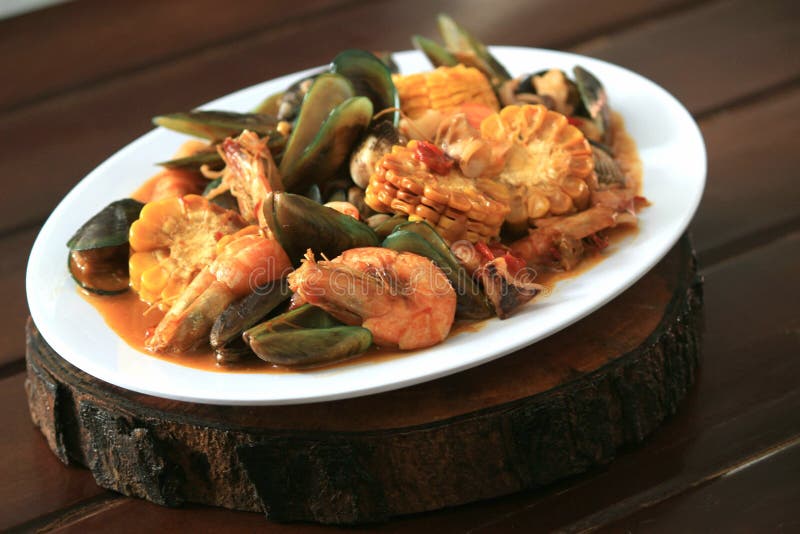 Great seafood shellfish, crab, lobster, corn royalty free stock image