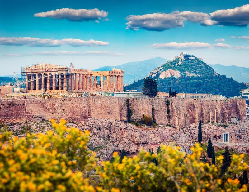 Great spring view of Parthenon, former temple, on the Athenian Acropolis, Greece, Europe. Colorful morning scene in Athens. royalty free stock photo Great spring view of Parthenon, former temple, on the Athenian Acropolis, Greece, Europe. Colorful morning scene in Athens. royalty free stock photo