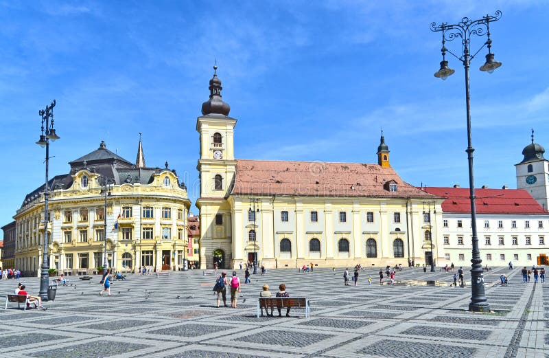 The Great Square, Town Hall and Holy Trinity Church, Sibiu, Romania stock photos The Great Square, Town Hall and Holy Trinity Church, Sibiu, Romania stock photos