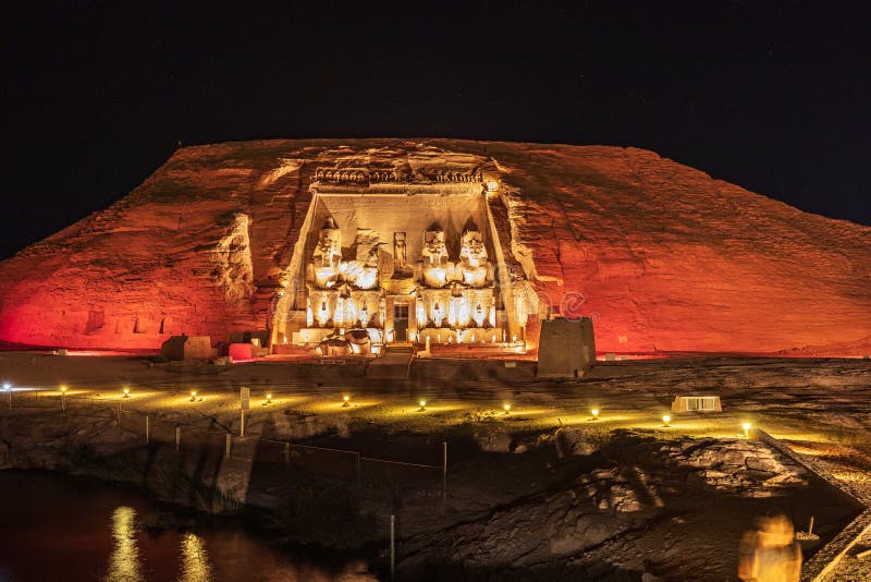 The Great Temple at the Ramses II Temples at Abu Simbel, illuminated at night