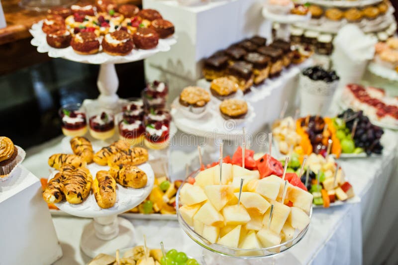 Great Variety of Different Multicolored Snacks on the Wedding Bu Stock