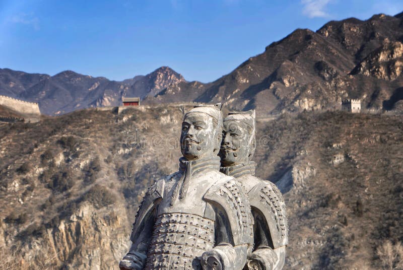 The Great Wall of China in winter. sculptures of ancient warriors on the background of the great wall. The Badaling area. stock images The Great Wall of China in winter. sculptures of ancient warriors on the background of the great wall. The Badaling area. stock images