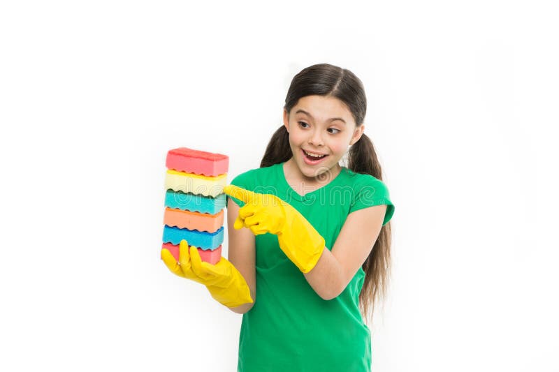 Great for washing dishes. Household duties. Small housekeeper holding dish sponges in rubber gloves. Little housemaid