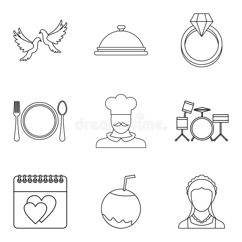 Great wedding icons set, outline style