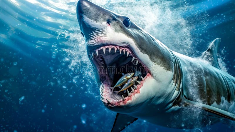 Great White Shark Eats Small Fish Under the Ocean Surface Stock Photo