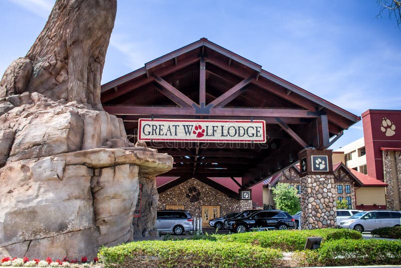 A building front sign for the hotel known as Great Wolf Lodge, located in Garden Grove, California. A building front sign for the hotel known as Great Wolf Lodge, located in Garden Grove, California.