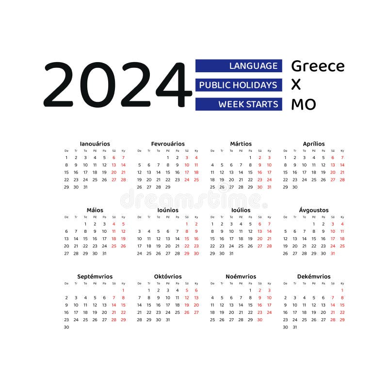 Greece Calendar 2024. Week Starts from Monday. Vector Graphic Design