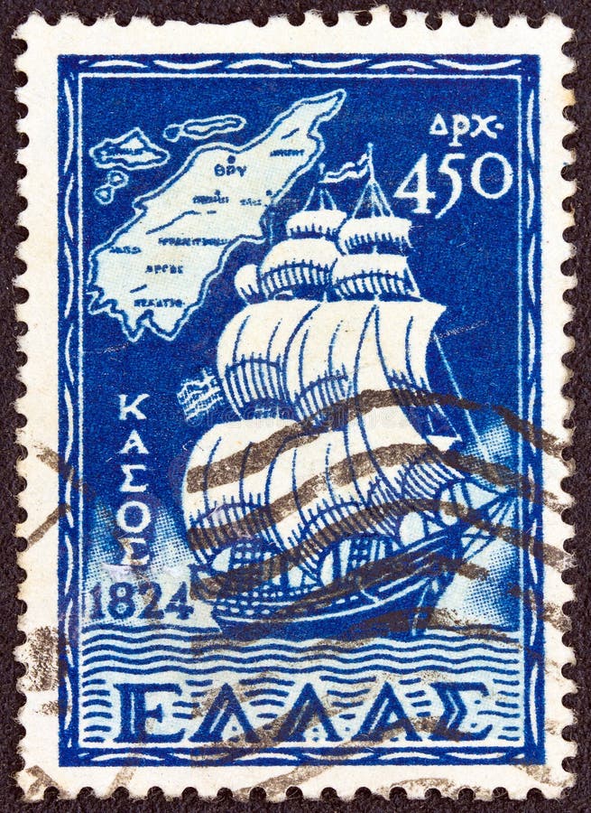 GREECE CIRCA 1947 a Stamp Printed in Greece Shows a Sailing Ship and a Map of Kasos Island