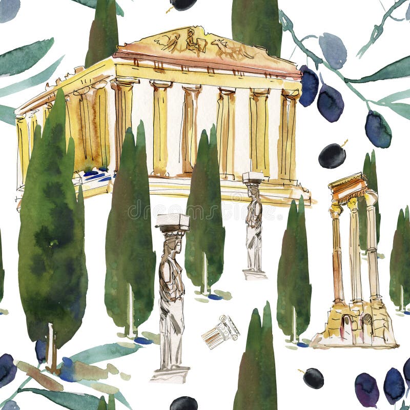 Greece Entregue casas brancas pequenas estilizadas backg tiradas da aquarela com os telhados abobadados azuis e as janelas pequen ilustração stock Greece Entregue casas brancas pequenas estilizadas backg tiradas da aquarela com os telhados abobadados azuis e as janelas pequen ilustração stock