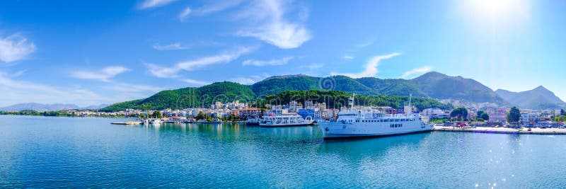 Greece ferryboat harbour panoramic shot royalty free stock image