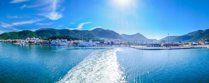 Greece ferryboat harbour panoramic shot. royalty free stock images