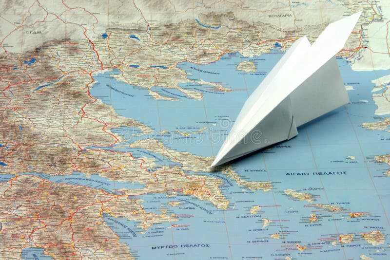 Travel to greek islands by airplane figure on a map of greece. Travel to greek islands by airplane figure on a map of greece