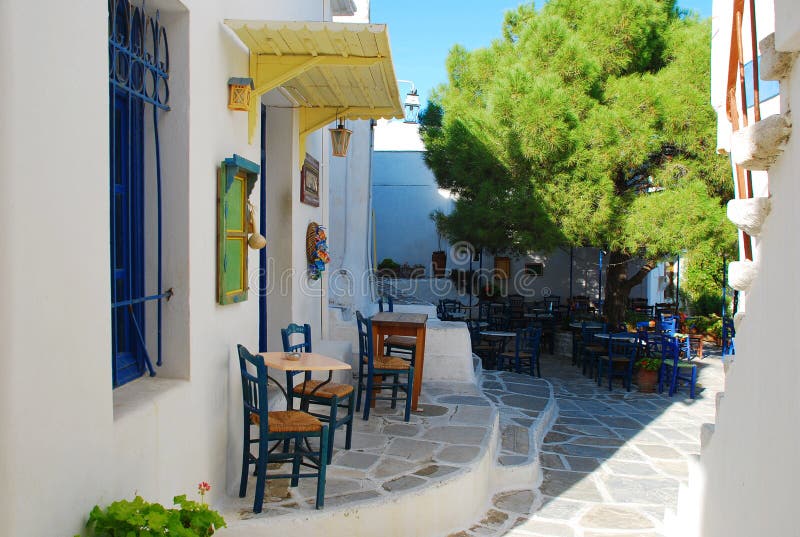 Greek sidewalk cafe restaurant. Paros, Greece