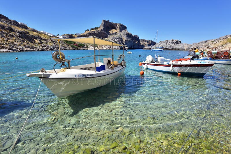 Greece, Rhodes Island - St. Pauls Bay and Acropolis of Lindos Editorial ...