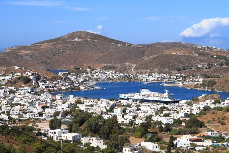 Greece, Patmos: Skala, Townscape with Port and Cruise Ship