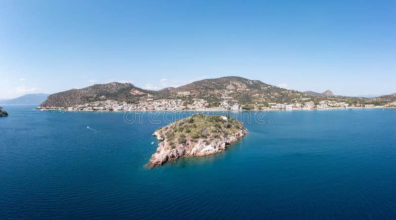 Greece, Tolo near Nafplio, Argorida, Peloponnese. Aerial drone panoramic view of village, sea. Space