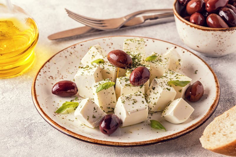 Greek Cheese Feta with Oregano and Olives. Stock Photo - Image of fresh ...