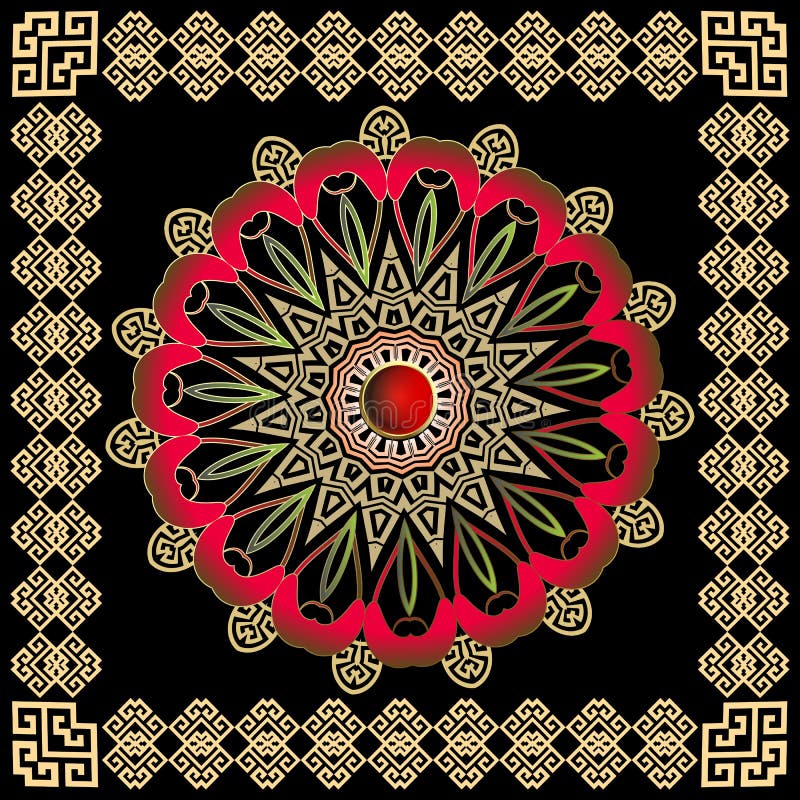 Greek colorful round vector mandala pattern with square frame. Tribal ethnic style decorative background. vector illustration Greek colorful round vector mandala pattern with square frame. Tribal ethnic style decorative background. vector illustration