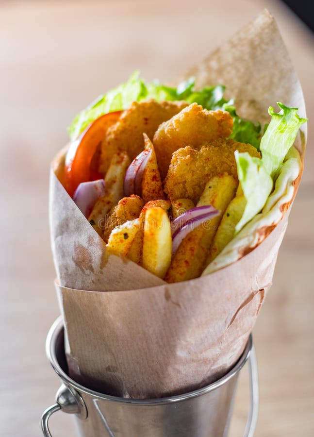 Greek Gyros with Fried Shrimp, Tzatziki Sauce, Vegetables Stock Photo ...