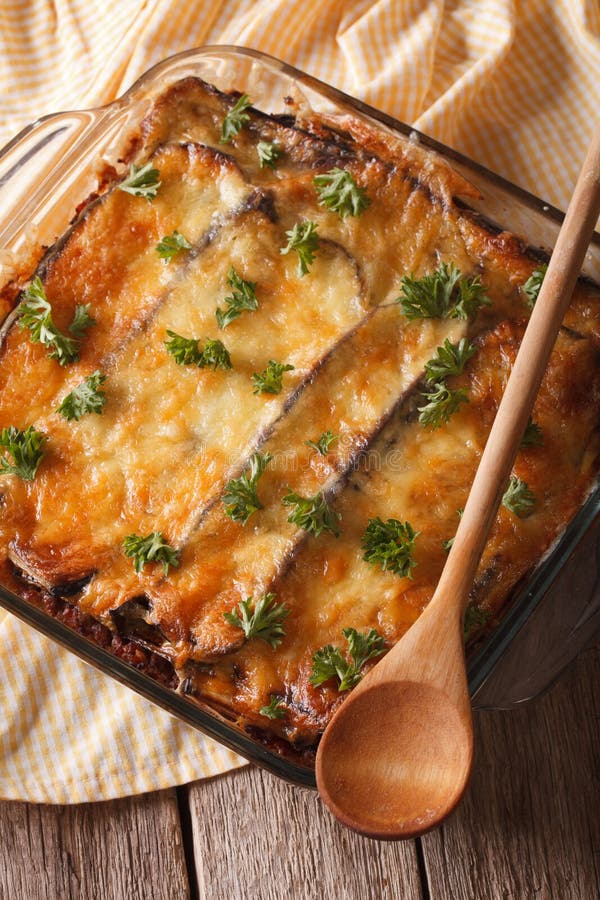 Greek Moussaka in Baking Dish with the Ingredients. Horizontal T Stock