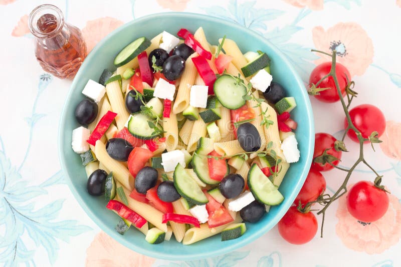 Greek pasta salad stock image. Image of penne, recipe - 115474529