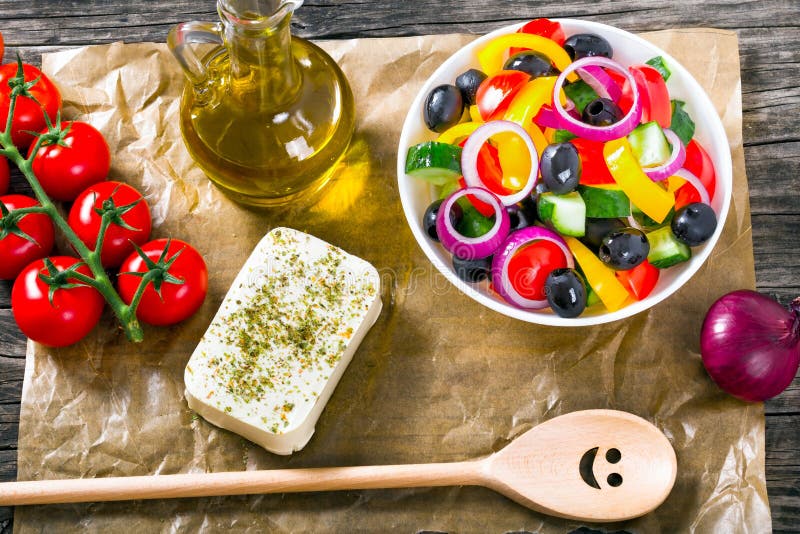 Greek salad, extra virgin olive oil, top view