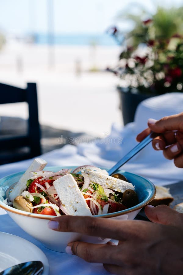 Greek Salad with Fresh Vegetables, Feta Cheese and Black Olives Stock